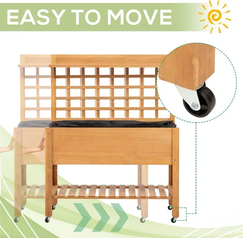 Miniatura 3 de Outsunny Cama de jardín elevada de 41 pulgadas con enrejado sobre ruedas, maceta elevada de madera con patas y forro de cama, para flores, hierbas