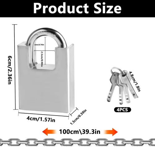 Miniatura 2 de Cerradura de cadena de seguridad de acero inoxidable resistente de 40 pulgadas, cadena y cerradura de 0.197 in x 3.3 ft, cerraduras de piñón