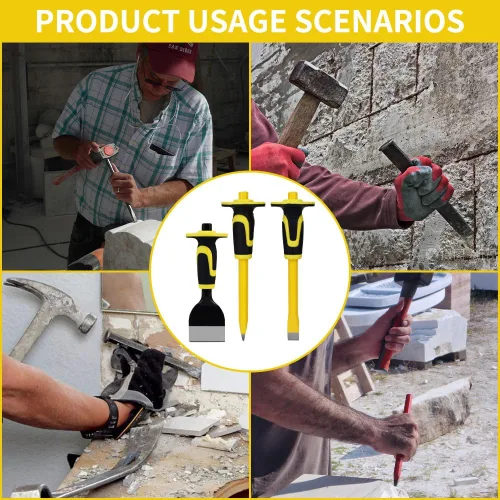 Miniatura 8 de Juego de cinceles resistentes de 3 piezas con protección de manos, cinceles de piedra de hormigón y mortero, utilizado para demolición, tallado