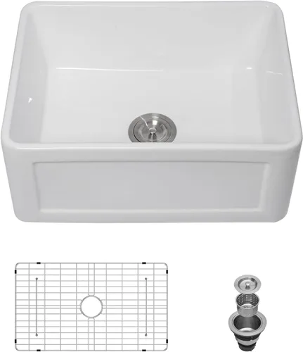 Miniatura 7 de Lordear Fregadero de granja blanco de 24 pulgadas con delantal frontal de arcilla refractaria plana de 24 x 18 pulgadas, porcelana de cerámica