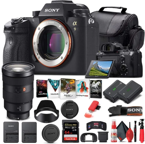 Sony Cámara digital sin espejo Alpha a9 (solo cuerpo) (ILCE9/B) + lente Sony FE de 0.945-2.756 in + tarjeta de memoria de 64 GB + batería NP-FZ-100