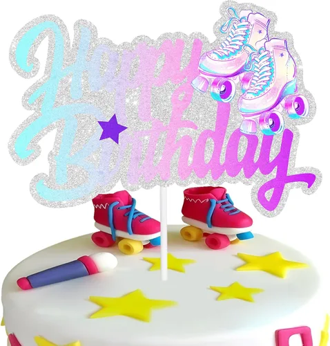 Skate Rolling Happy Birthday Cake Topper Wing Roller Skate Juego de decoración de pastel de cumpleaños para niños o niñas, decoración retro colorida