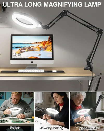 Miniatura 5 de Lupa 10X y 5X con luz LED, brazo oscilante ultra largo, 5 colores y 10 de brillo, lente de cristal real, lámpara de aumento grande para Blanco