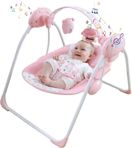 Miniatura 10 de Columpio de bebé portátil para bebés, compacto y plegable con columpio de 5 velocidades, música, temporizador, asiento acolchado, funciona