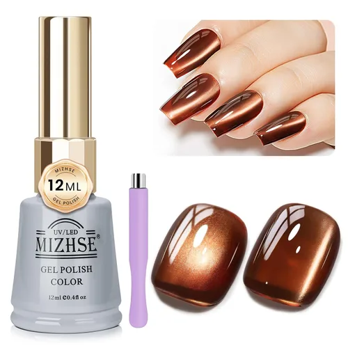 MIZHSE Esmalte de uñas de gel de cristal de gelatina marrón, ojo de gato, 0.4 fl oz, esmalte de gel holográfico con purpurina UV LED, gel magnético