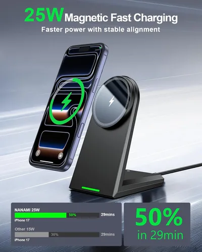 Miniatura 2 de NANAMI Soporte de cargador inalámbrico magnético de 25 W, cargador de teléfono magnético rápido, alineación N52, ajustable en 360°, LED
