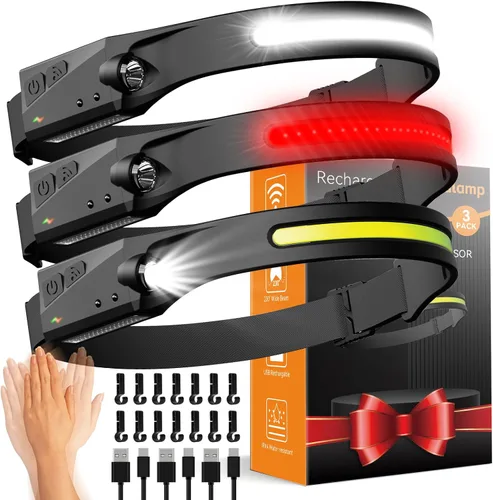 Miniatura 10 de Faros delanteros recargables con luz roja, paquete de 2, lámpara LED de haz ancho para adultos, faros para cabeza con sensor de movimiento, luz