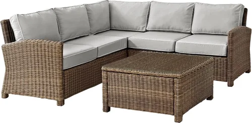 Crosley Furniture Bradenton - Juego de muebles de mimbre para exteriores, 4 piezas, muebles de patio para terraza, color marrón con cojines grises