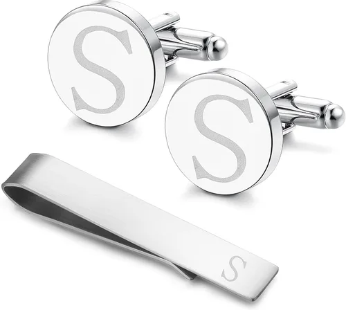 Miniatura 53 de LOYALLOOK - Gemelos de acero inoxidable grabados con inicial y clip de corbata, diseño de letras del alfabeto con caja de regalo, A-Z