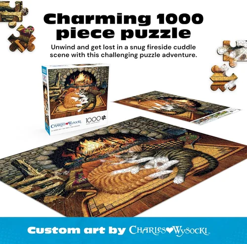 Miniatura 2 de Buffalo Games – Charles Wysocki All Burned Out Rompecabezas de 1000 piezas para adultos, Arte Americano de Chimenea con Gato Acogedor, Hecho en EE.UU