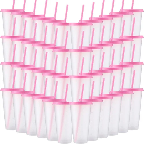 Miniatura 27 de Honeydak Paquete de 60 vasos con popote y tapa, vasos a granel para regalos, tazas de café de plástico con purpurina de 24 a 27 onzas, botella