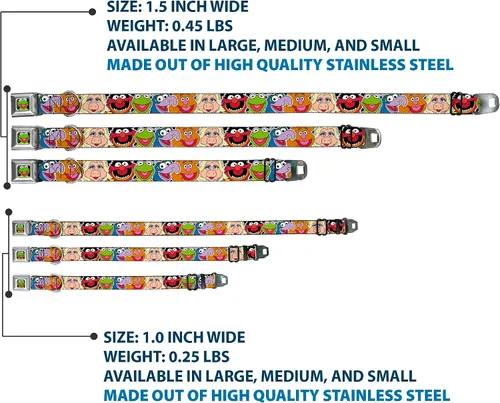 Miniatura 3 de Collar de perro hebilla de cinturón de seguridad Muppets Caras de cerca negro 9 a 15 pulgadas 1.0 pulgadas de ancho