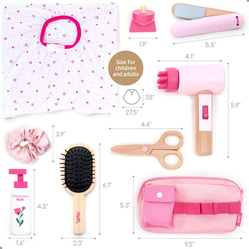 Miniatura 5 de UMU® Juego de peluquería de madera – 17 piezas de juguete de peluquería con secador de pelo, alisador, peine de espejo y accesorios – Diseño