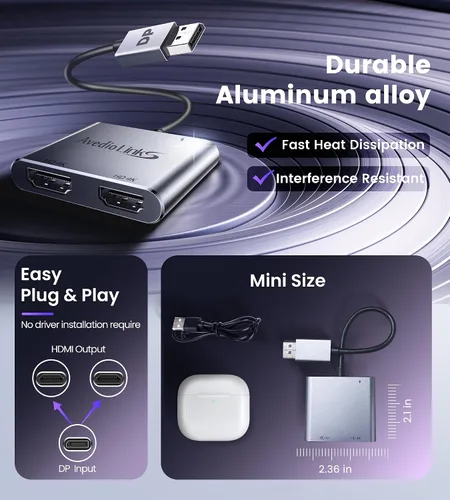 Miniatura 9 de Adaptador DisplayPort a HDMI dual, fuente DP 4K 60Hz a divisor HDMI multimonitor, adaptador de pantalla de modo extendido para monitores duales