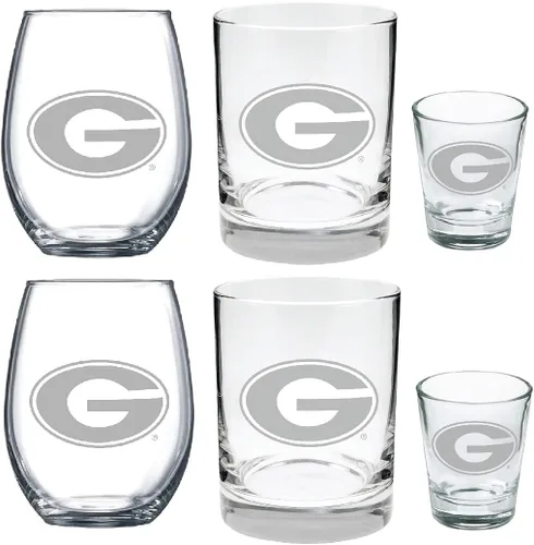 Georgia Bulldogs - Juego combinado de 6 piezas de vidrio grabado satinado - Incluye 2 copas de vino, 2 piedras / vasos de whisky y 2 vasos de chupito