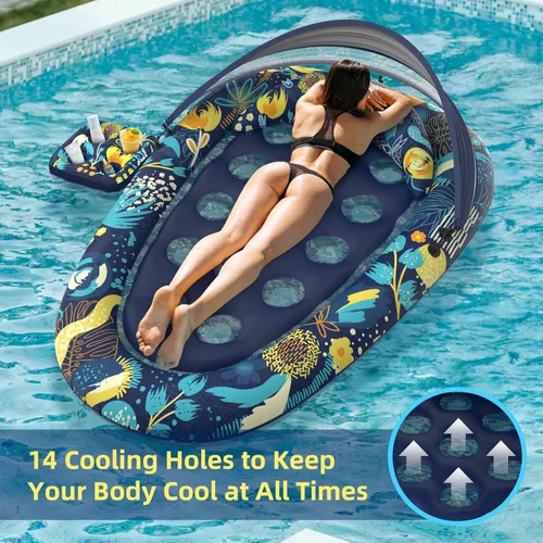 Miniatura 4 de Sunikko X Flotadores de piscina 3 en 1 con soporte para toldo, flotadores grandes de 73 x 48 pulgadas para adultos, resistente, tumbona inflable