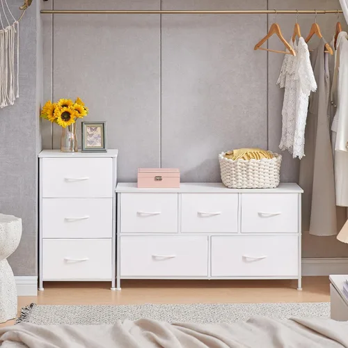 Miniatura 8 de Somdot - Buró, cajonera de 3 cajones para dormitorio, buró, mesa auxiliar con canastas de tela para dormitorio, guardería, clóset, dormitorio, sala