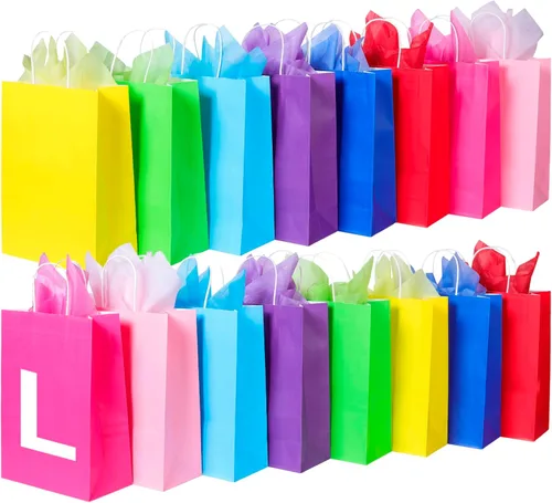 Miniatura 7 de BLEWINDZ 32 Bolsas Pequeñas de Papel para Regalos con Papel de Seda, Bolsas Amarillas para Obsequios de Fiesta con Asas, Bolsa de Golosinas de 8.7