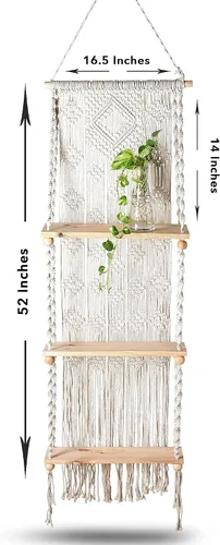 Miniatura 2 de Folkulture Estante de pared colgante de macramé de 3 niveles o estantes flotantes para decoración bohemia de habitación, estantes colgantes