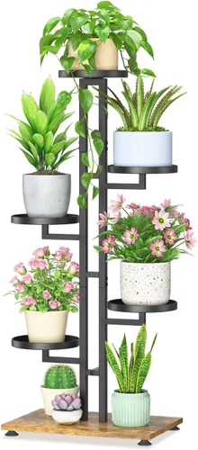 Miniatura 23 de LASZOLA Soporte para plantas de 5 niveles alto de madera y metal para interiores para macetas de servicio pesado, estante vertical grande