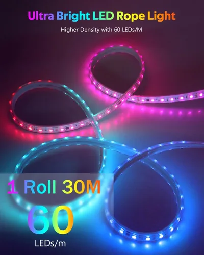 Miniatura 3 de Tira de luz LED inteligente de 100 pies, RGB IC, 1 rollo de 24 V, tira de luces LED direccionables para exteriores, impermeable, multicolor, luces