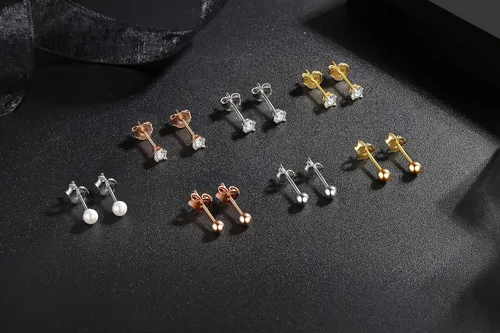 Miniatura 6 de 1 par de pendientes de plata de ley hipoalergénicos de 0.118in con perlas pequeñas y circonitas cúbicas para mujeres y hombres, 3 opciones