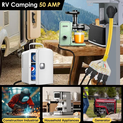 Miniatura 5 de Adaptador de 50 amperios a 20 amperios 110 Distribución RV NEMA 14-50P 4 clavijas macho a 4X 5-20R enchufe doméstico hembra con tapas de protección