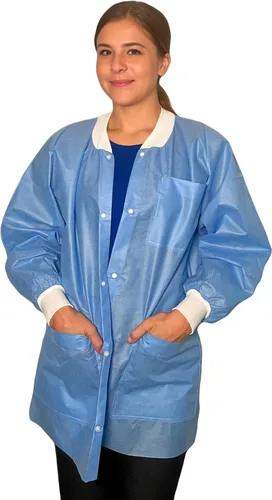 Miniatura 2 de Chaqueta de laboratorio Endure, desechable, longitud de cintura o cadera, cuello de punto y puños de punto, material SMS, caja de 30