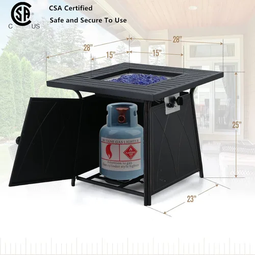 Miniatura 5 de MFSTUDIO Mesa para fogata de gas de 28 pulgadas, 50000 BTU de acero propano a rayas cuadrada con tapa y vidrio azul para patio, patio trasero y Negro