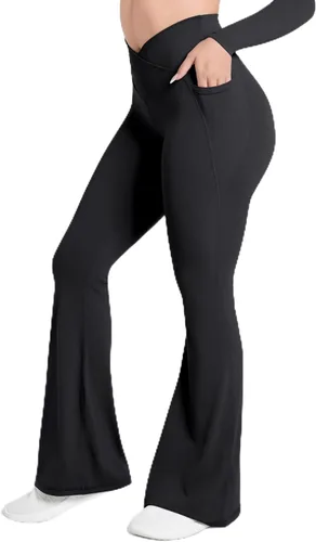Sunzel Leggings acampanados, pantalones deportivos y cruzados para yoga, con control de abdomen, cintura alta y piernas anchas