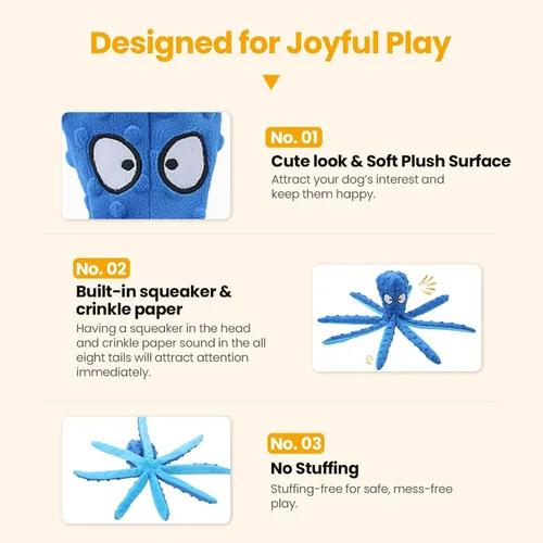 Miniatura 6 de HGB Juguetes chirriantes para perros, paquete de 2 juguetes para masticar sin relleno, pulpo arrugado para cachorros, perros pequeños, medianos