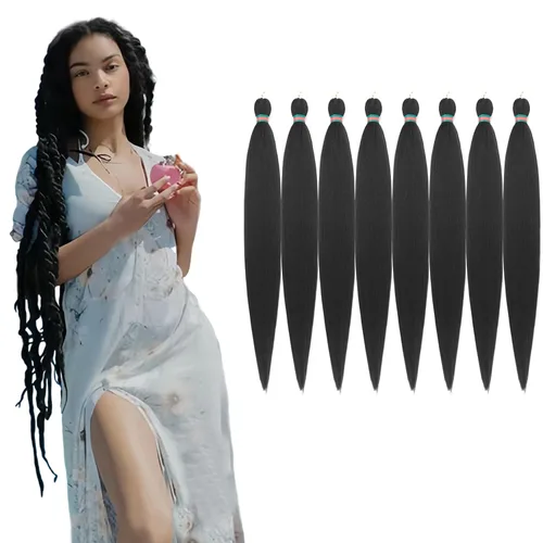 Miniatura 25 de Extensiones de cabello para trenzar verde+verde claro, preestiradas, 2 paquetes, con cabello plumoso pre-trenzado, extensiones de cabello
