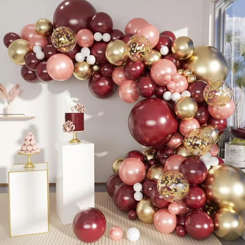 Miniatura 20 de MEBAY Kit de arco de globos negro, rojo y dorado, 141 unidades, globos negros mate, rosa intenso y dorados metálicos, confeti de oro