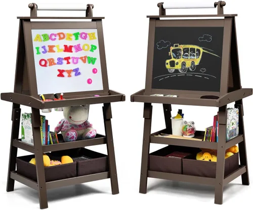 Miniatura 13 de Caballete de arte HONEY JOY para niños, caballete doble de 3 en 1 para niños pequeños de madera con pizarra blanca magnética y pizarra, rollo