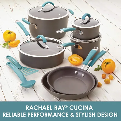 Miniatura 4 de Rachael Ray Cucina - Juego de ollas y sartenes antiadherentes anodizadas duras, 12 piezas, gris con asas azules y cacerola antiadherente anodizada