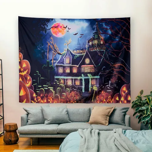 Miniatura 3 de OSVINO Blacklight - Tapiz de castillo de Halloween, 59 x 51 pulgadas, calabazas, murciélagos, cruces, telón de fondo, dormitorio, estético, hippie