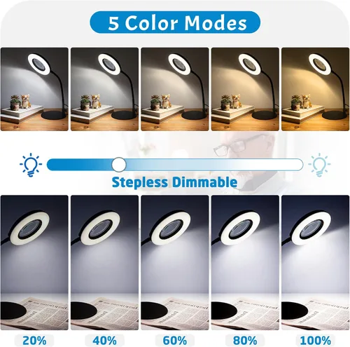 Miniatura 5 de 12 lupas con luz y soporte, 5 modos de color, 9 niveles regulables, lámpara de aumento de cuello de cisne flexible manos libres, lámpara