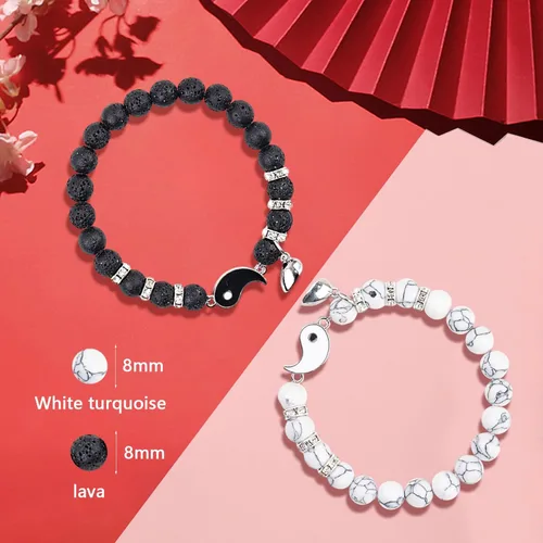 Miniatura 62 de 2 pulseras magnéticas para parejas, piedra natural negra mate, cristal para votos de amor eterno, juego de pulseras de cuentas de piedra de energía