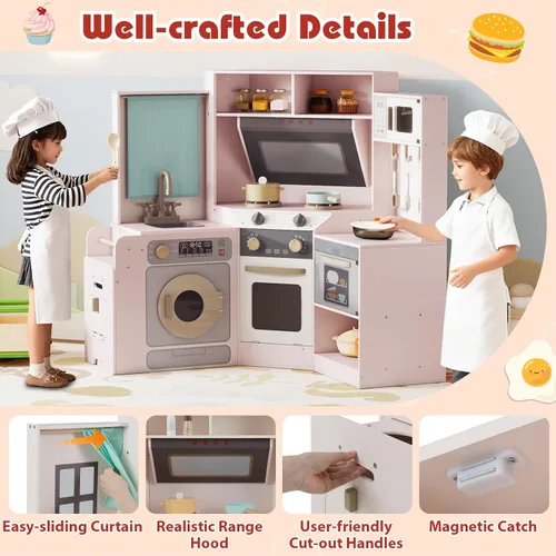 Miniatura 2 de Costzon Cocina de Juego de Esquina, Cocina Grande de Juego de Simulación con Luz y Sonido Reales, Bote de Basura Extraíble, Estufas, Microondas