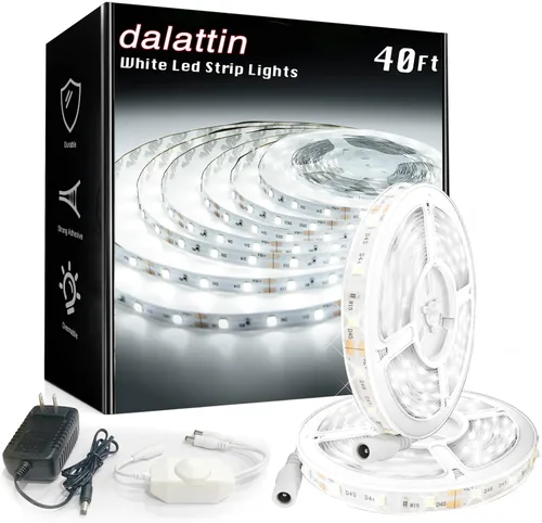 dalattin Tira de luces LED blancas, tira de luz LED regulable de 40 pies, 6500 K, luz blanca brillante de 24 V, 720 LED 2835 cinta de luces para