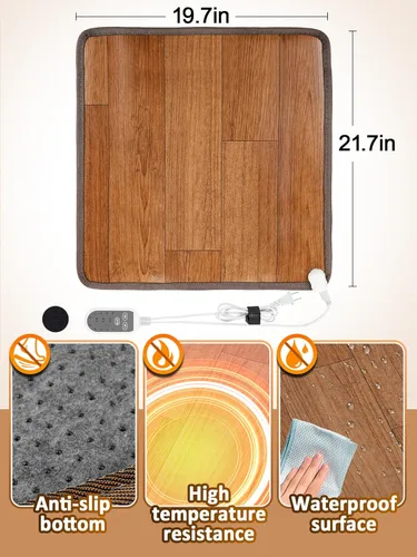 Miniatura 5 de Tapete calefactor para piso de 19.7x21.7 pulgadas - Calentador de pies bajo el escritorio, almohadilla de calefacción eléctrica de 110V con 3 Marrón