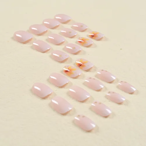 Miniatura 6 de Uñas postizas a presión de otoño con diseño de hoja de arce cortas y cuadradas en estilo francés con degradado - Lindas uñas acrílicas brillantes