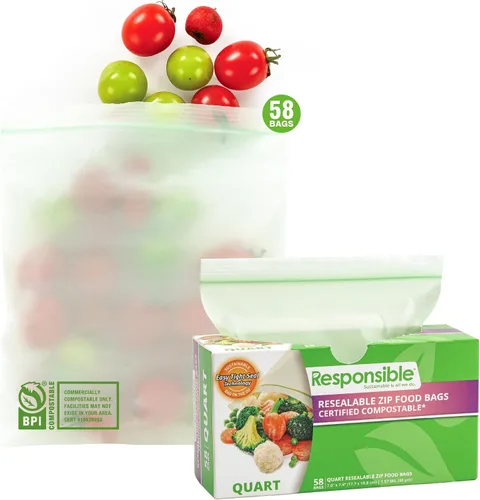 Miniatura 8 de Responsible Products Bolsa con cremallera resellable de gran galón compostable certificada, bolsas de alimentos extra resistentes, hechas