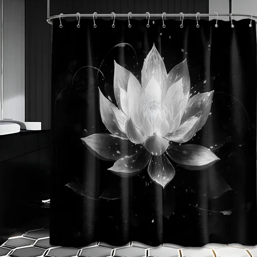 Miniatura 43 de Cortina de ducha con flores de loto negro y azul para decoración de baño, juego de cortinas decorativas de baño con estampado floral, tela