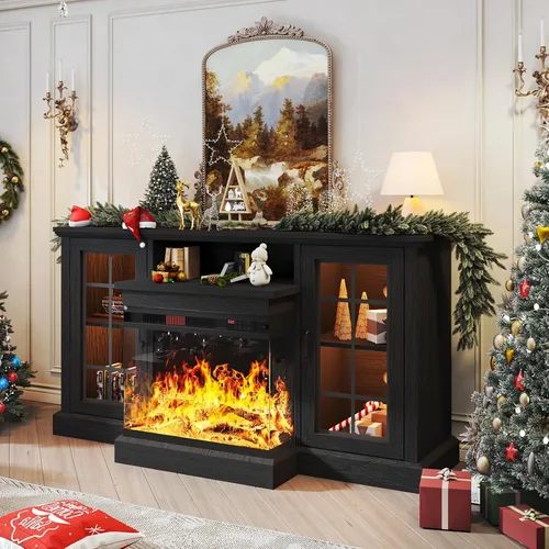 Miniatura 8 de oneinmil - Soporte de TV con chimenea de 59 pulgadas y vidrio en 3 lados para aparatos de hasta 65 pulgadas, centro de entretenimiento moderno