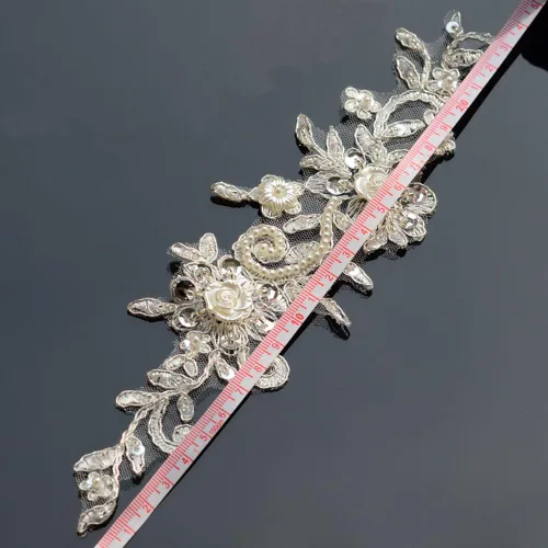 Miniatura 3 de Bling Paillette - Apliques de encaje con cuentas de perlas para novia, parche de costura para bricolaje, cinturón de boda, zapatos, marfil (2 piezas)