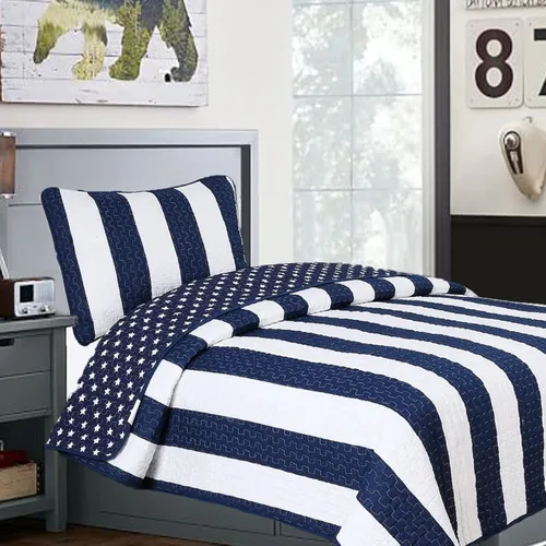 Miniatura 10 de Cozy Line Home Fashions Juego de ropa de cama acolchada reversible para niño de 100% algodón a rayas azul marino, colcha cubrecama para todas