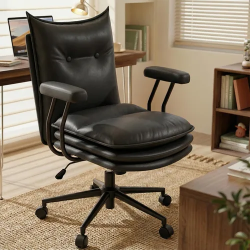 Silla de oficina negra con asiento ancho grueso de triple capa, silla de escritorio de cuero con respaldo medio con ruedas y brazos, silla de