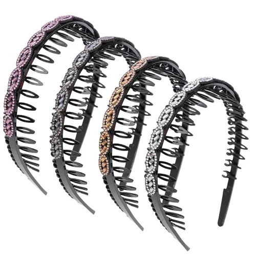 Miniatura 23 de Diademas con pedrería para mujeres y niñas, 4 piezas de diadema brillante de cristal antideslizante, diadema de cabello de pedrería sólida
