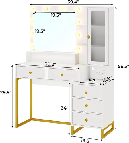 Miniatura 6 de Tiptiper - Tocador de maquillaje con luces y estación de carga, escritorio de tocador grande con espejo y luces, mesa de maquillaje con 5 cajones